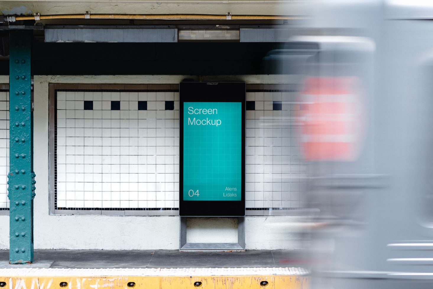 Urban billboard screen mockup at a bus stop, blurred motion of passing vehicle, realistic advertising display template for designers.