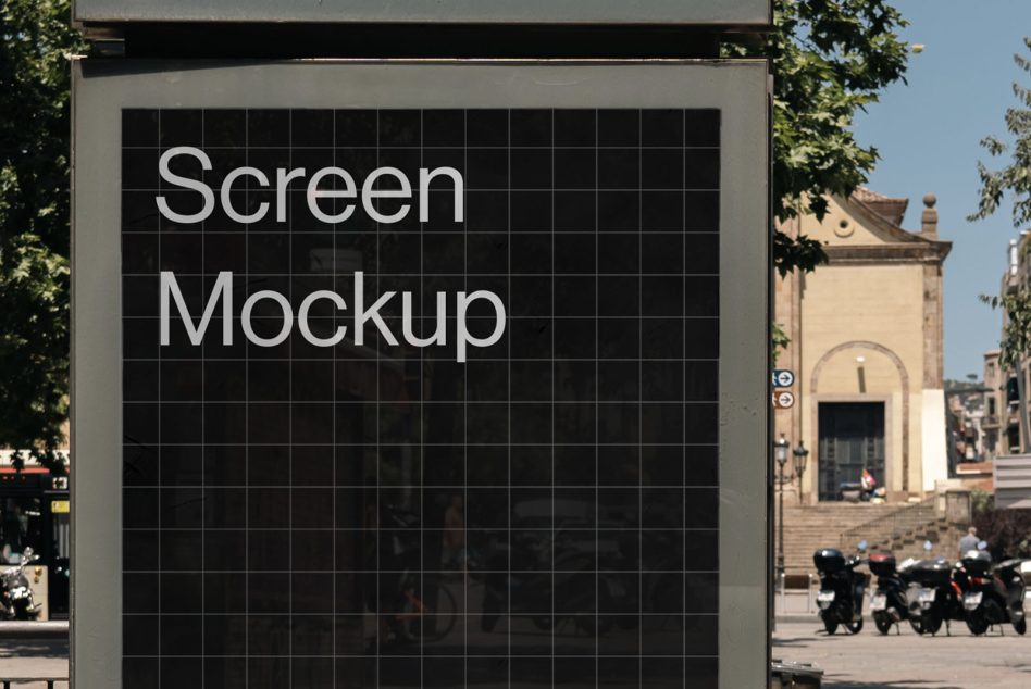 Urban billboard screen mockup in daylight, clear grid for design showcasing, realistic street advertising display template.