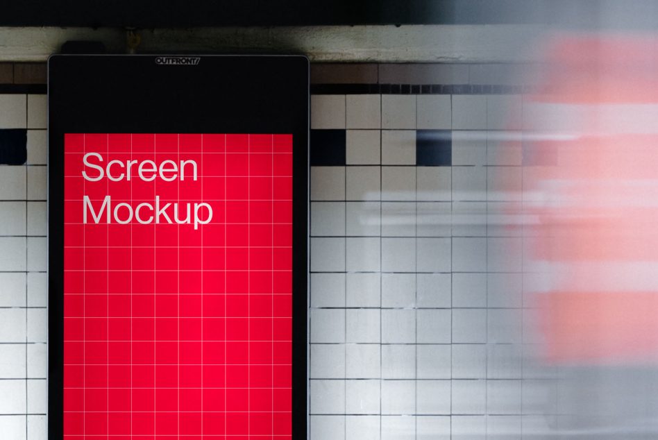 Urban digital screen mockup on subway station wall for advertising design presentations, with editable layers.