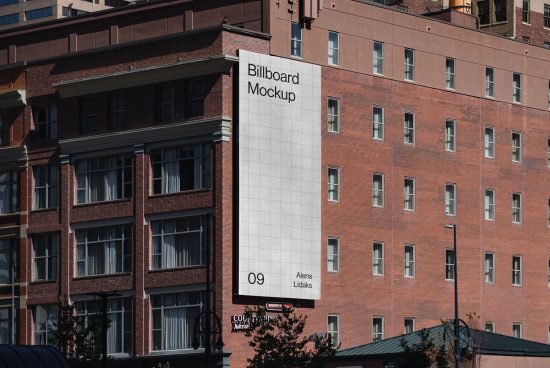Urban billboard mockup on building side for outdoor advertising design display, clear sunny day, digital asset for graphic designers.