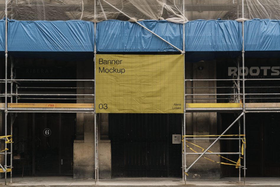 Urban street banner mockup on scaffolding for outdoor advertising design preview, realistic city environment for marketing displays.