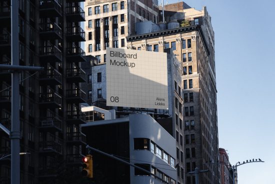 Urban billboard mockup on a building at dusk for outdoor advertising design presentation, cityscape, editable template.