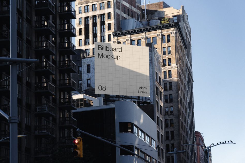 Urban billboard mockup on a building at dusk for outdoor advertising design presentation, cityscape, editable template.