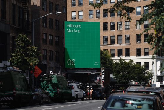 Billboard mockup on urban building facade, clear sky, editable design space for ads, ideal for graphic designers and marketers.
