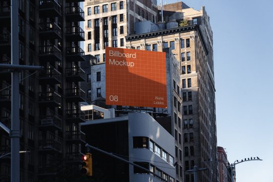 Urban billboard mockup on building facade for outdoor advertising design presentation, clear sky, editable template.