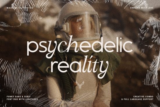 Astronaut graphic overlay with 'Psychedelic Reality' in stylized font, showcasing font design, suitable for graphics and templates category.