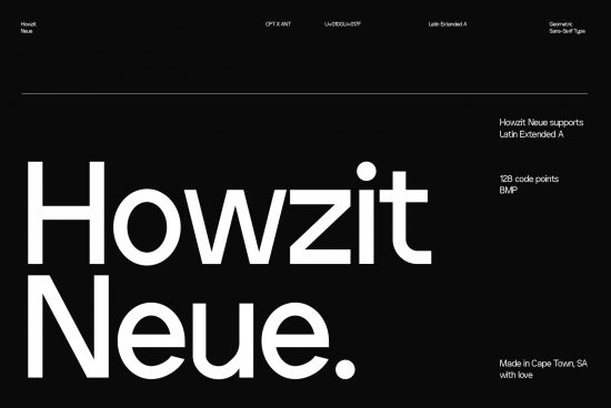 Modern 'Howzit Neue' font display on black background showcasing typography, geometric sans-serif type, design resource for graphics and templates.