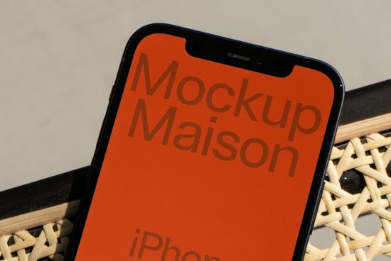 Smartphone screen mockup on a wicker surface with bold typography displaying Mockup Maison, ideal for designers' presentations.