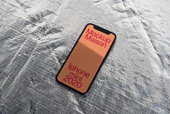 Smartphone mockup on textured background featuring iPhone Mini 2020 for product presentation, digital asset for designers, modern mockup template.