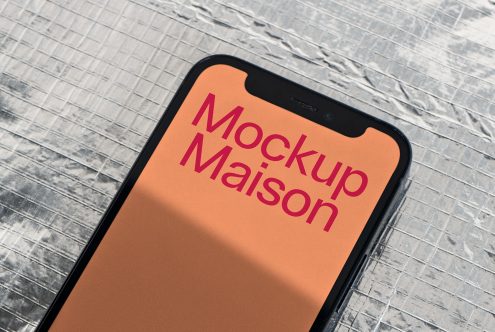 Smartphone screen mockup on textured background, modern display design, digital asset for graphic designers, editable template.