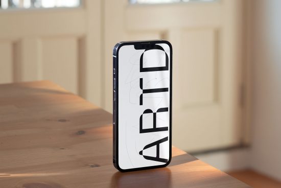 Smartphone on wooden table displaying custom font, ideal for Mockup, showcasing modern typography, graphic design, digital asset.