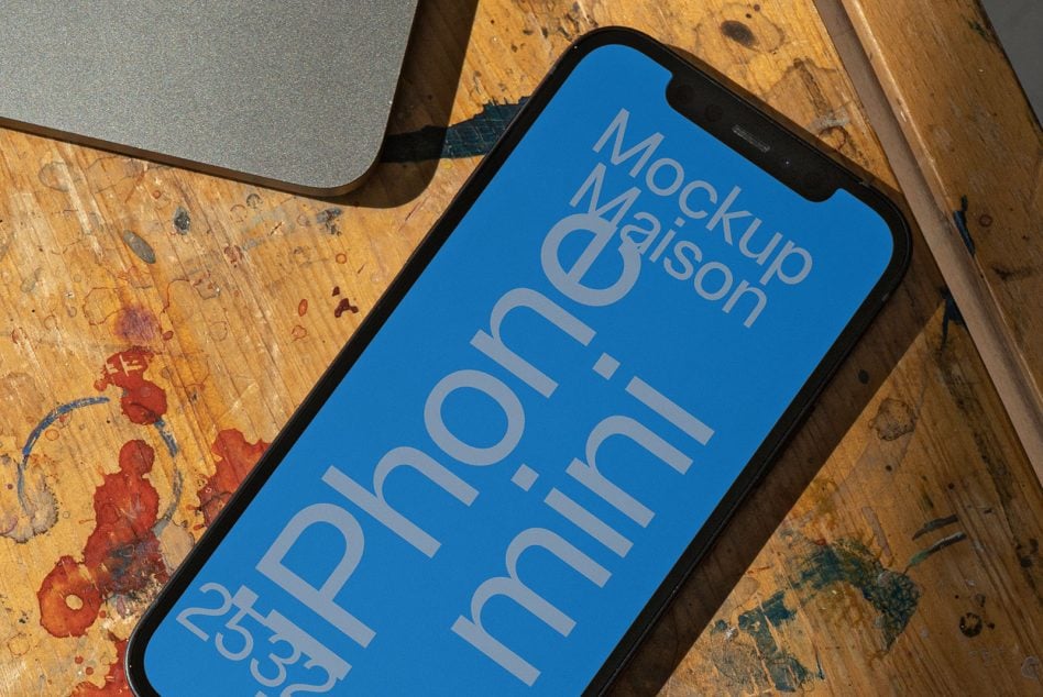 Phone on distressed wooden table next to laptop, blue screen visible