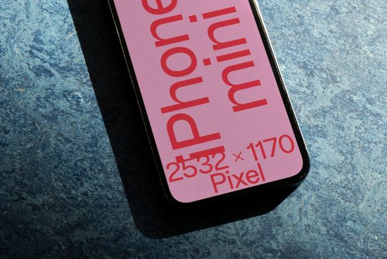 Smartphone mockup with screen specifications on textured surface for designers, showcasing display resolution for digital assets and templates.