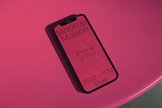 Smartphone mockup on a pink background showing screen resolution for iPhone 12 Pro, ideal for design presentations and digital mockups.