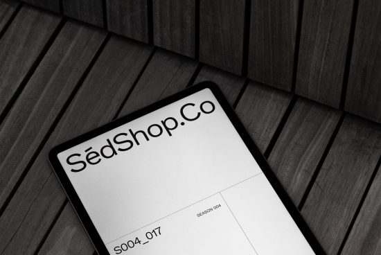 Tablet screen mockup on wooden surface displaying SeedShop website, ideal for presenting digital designs, website mockups, UI/UX presentations.