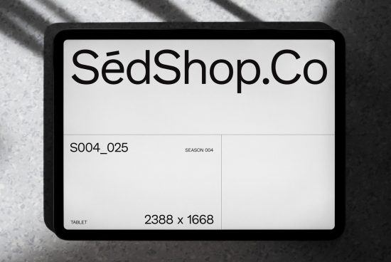 Tablet screen mockup displaying bold typography logo, with shadow overlay, in a minimalistic style, resolution 2388x1668 for design presentations.