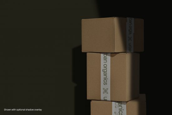 Stacked brown cardboard boxes mockup with branding in the shadow, ideal for packaging design presentation.