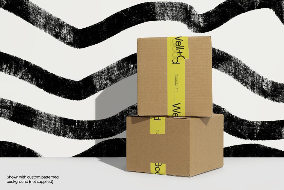 Cardboard box mockup on a stylized striped background, ideal for packaging design presentations, realistic shadow effects for visual designers.