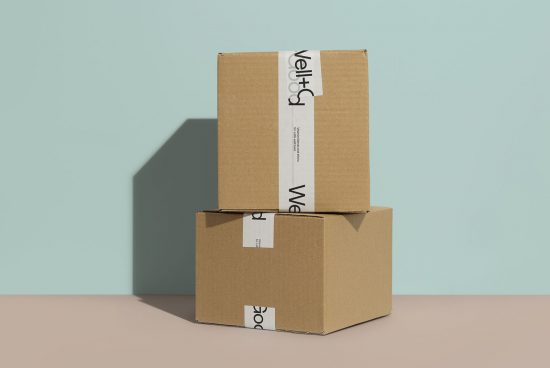 Cardboard packaging boxes mockup on a pastel background, ideal for presentation of branding and shipping designs by graphic designers.