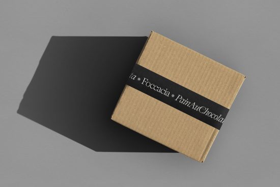 Cardboard packaging box mockup with elegant black label on a gray background, ideal for presenting branding and shipping designs.