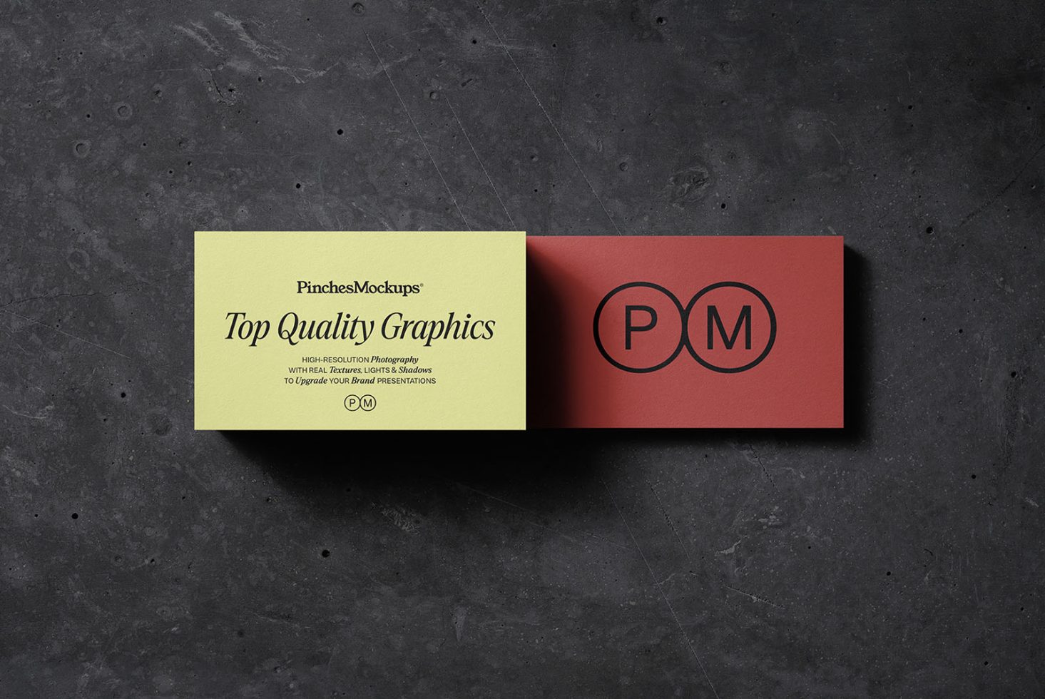 Business card mockup on a textured dark background, showcasing design and branding with editable templates for designers.