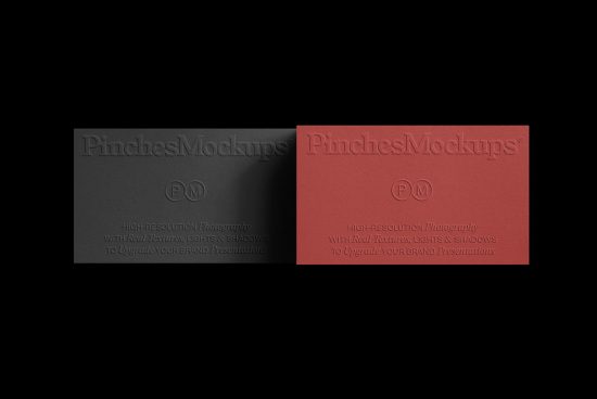 High-resolution embossed business card mockups in black and red showcasing branding presentation with realistic textures, lighting, and shadows.