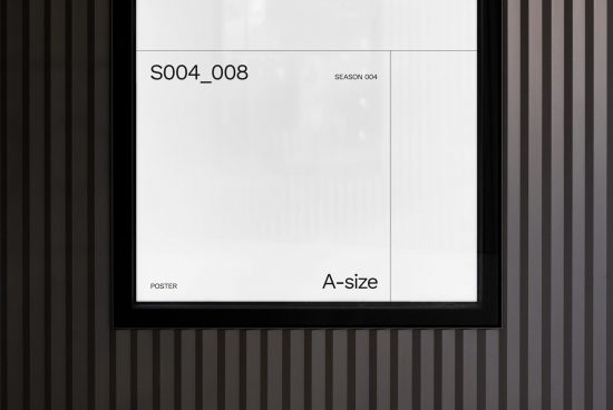 Minimalist framed poster mockup on striped wall background, suitable for graphic design presentations and print template display.