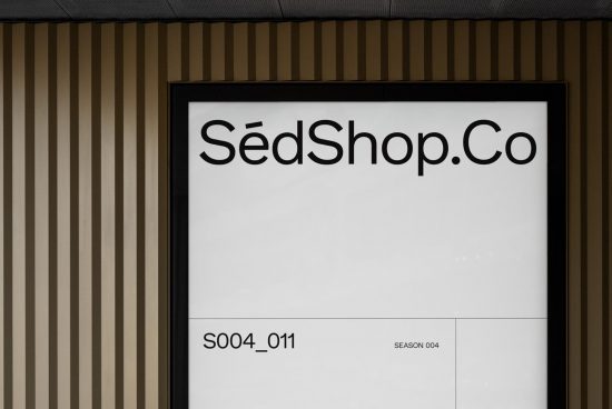 Storefront signboard mockup with modern font design on a striped wallpaper background, suitable for branding and logo design presentation.