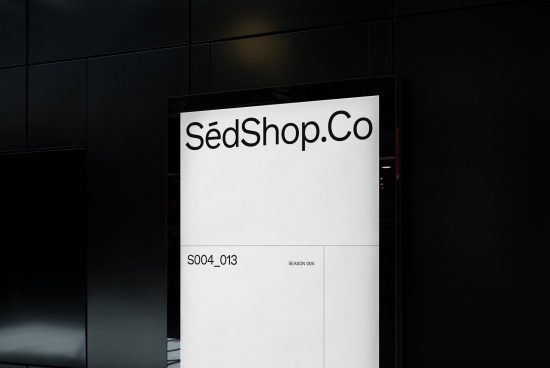 Modern storefront sign mockup for branding display in urban setting, showcasing clean font design on backlit panel. Suitable for template category.