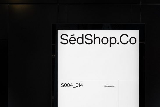 Modern storefront sign mockup with bold typography for branding and identity projects, featuring black and white contrast, editable template design.