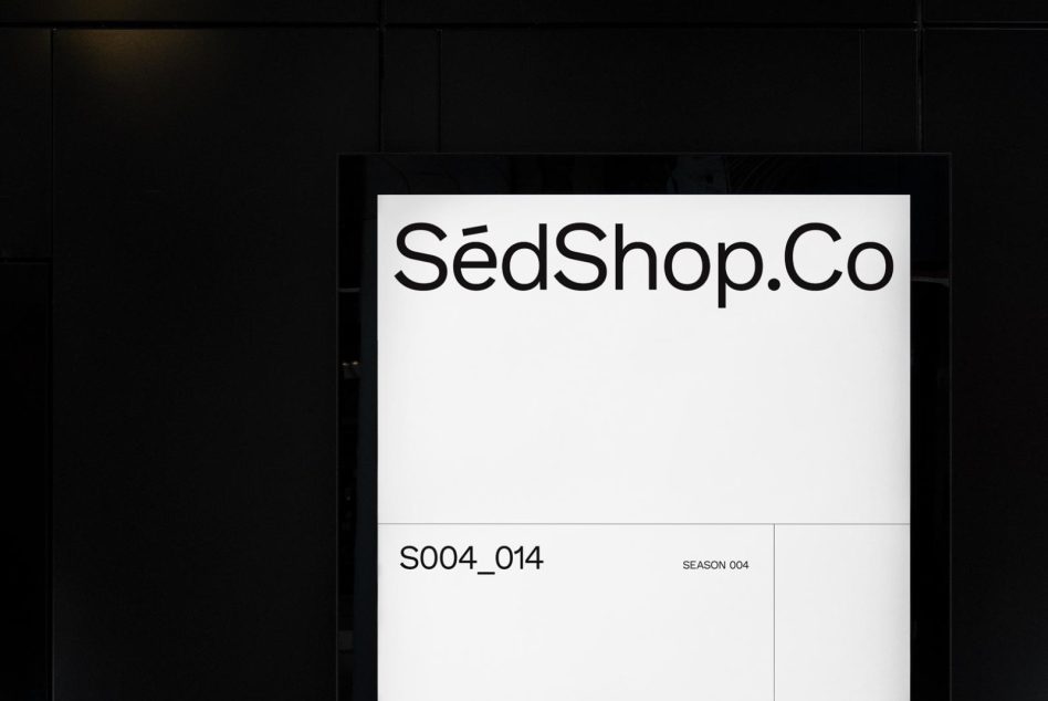 Modern storefront sign mockup with bold typography for branding and identity projects, featuring black and white contrast, editable template design.