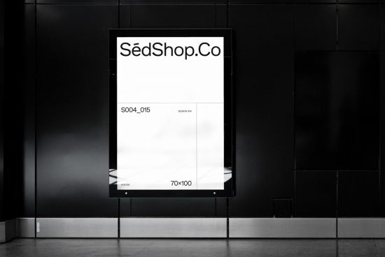 Elegant black and white advertisement mockup displayed in a modern interior, perfect for designers to showcase branding projects.