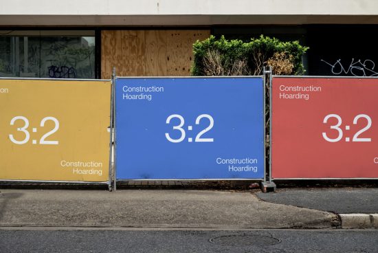 Outdoor construction hoarding panels in red, yellow, and blue with ratio markings, urban street setting, potential mockup template.