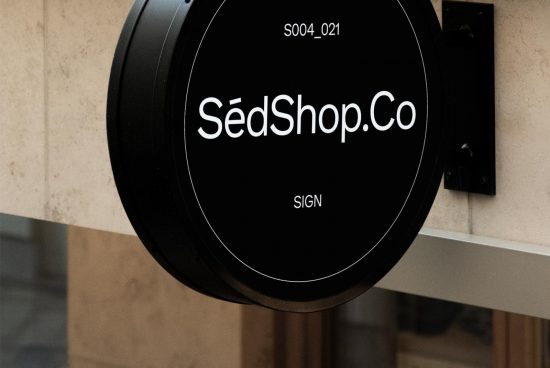 Round black outdoor business sign mockup mounted on a beige wall displaying custom logo design, suitable for graphic design assets.