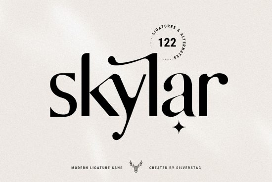 Elegant modern ligature sans font Skylar with 122 alternates by Silverstag, perfect for graphic design, logos, web, prints.