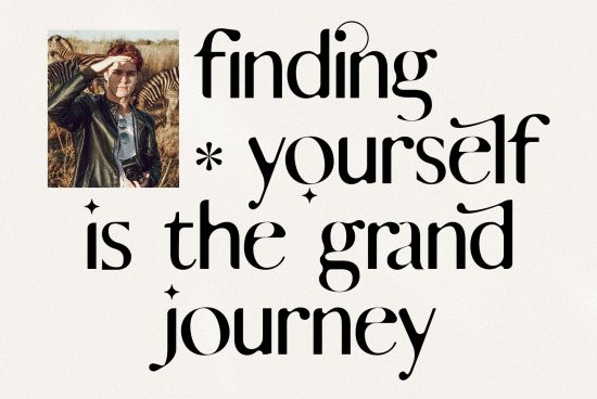 Man in a leather jacket with camera, zebras in background, stylized text "finding yourself is the grand journey" - design template example.