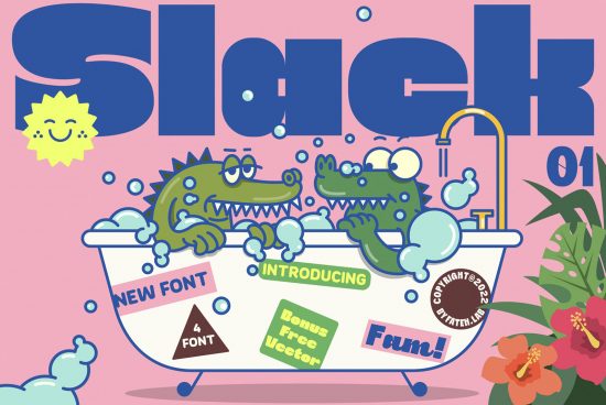 Cartoon crocodiles in bathtub promoting new font Slack, playful design with sun, bubbles, and flowers, ideal for fun graphics and templates.