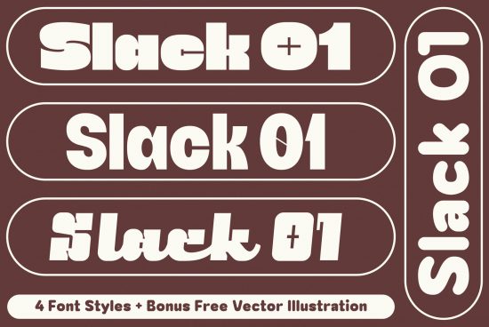 Graphic design font preview Slack 01 with four styles and bonus vector illustration for creative typography on digital marketplace.