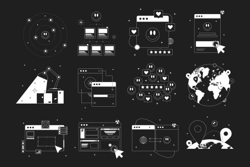 Vector icons set of UI elements, web design, smileys, ratings, browsers, and global connection in monochrome for Graphic category.