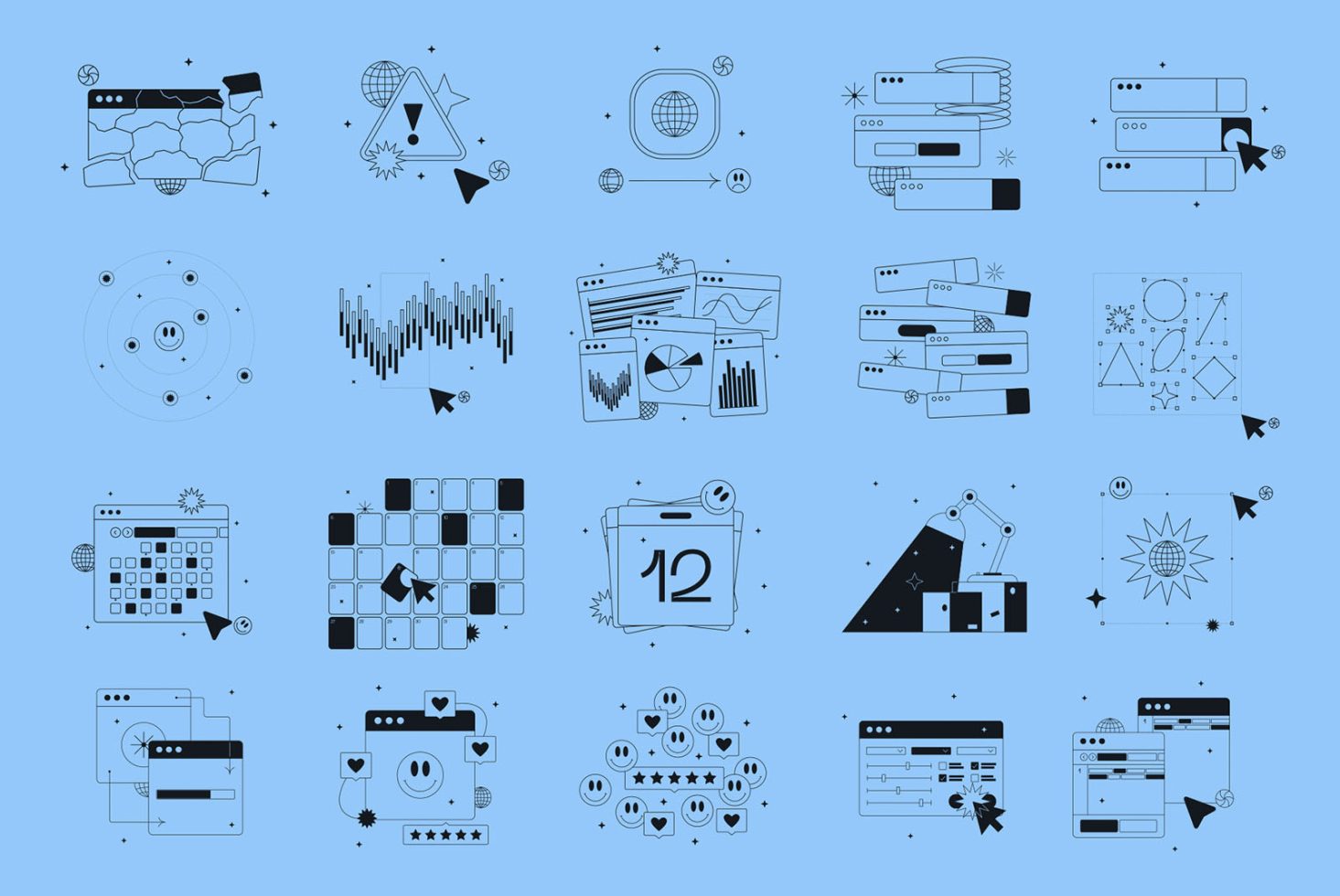 Collection of vector graphics featuring abstract icons, symbols, and data visualization elements for web design projects.