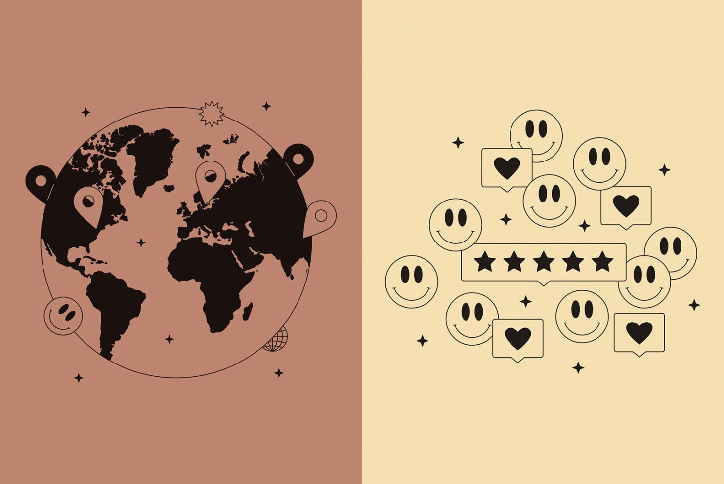 Vector illustration of a stylized globe with pins and smileys paired with a feedback rating design using stars and smiley icons, ideal for graphics and templates.