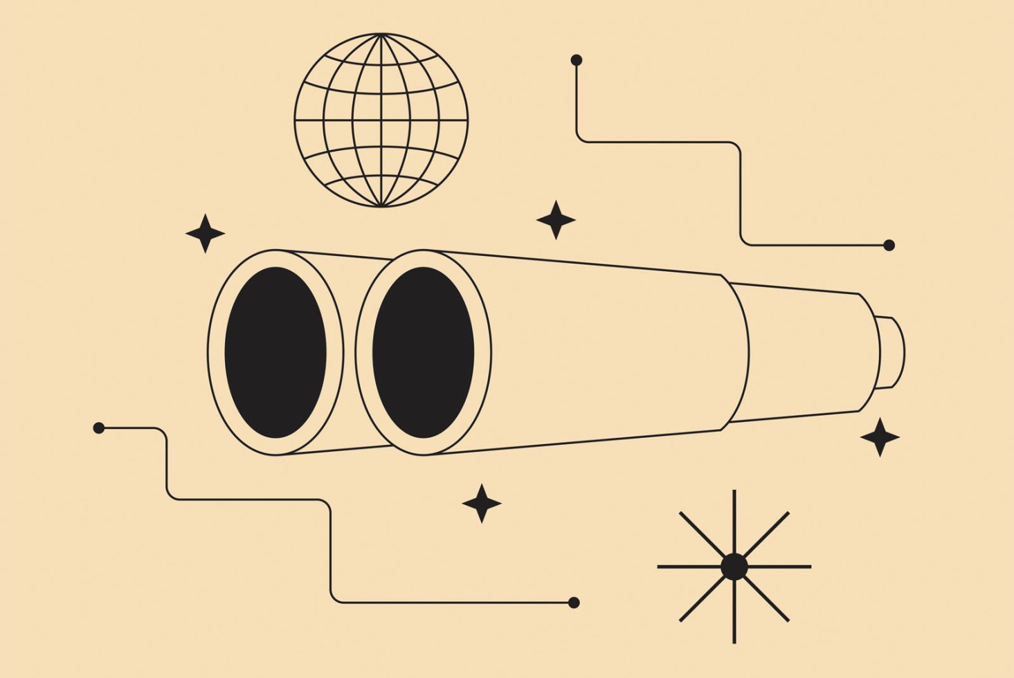 Retro-futuristic telescope vector graphic with geometric shapes, line art, and star elements, ideal for space-themed design projects.