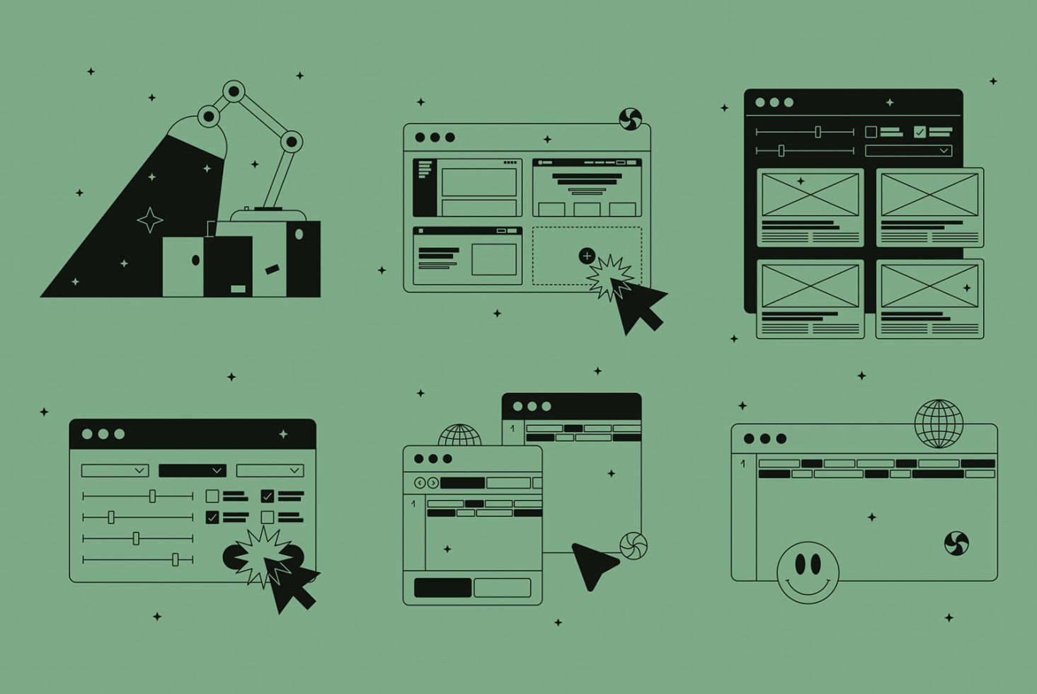 Vector graphics illustration of user interface elements with browser windows, cursors, and interactive design mockups on a green background.