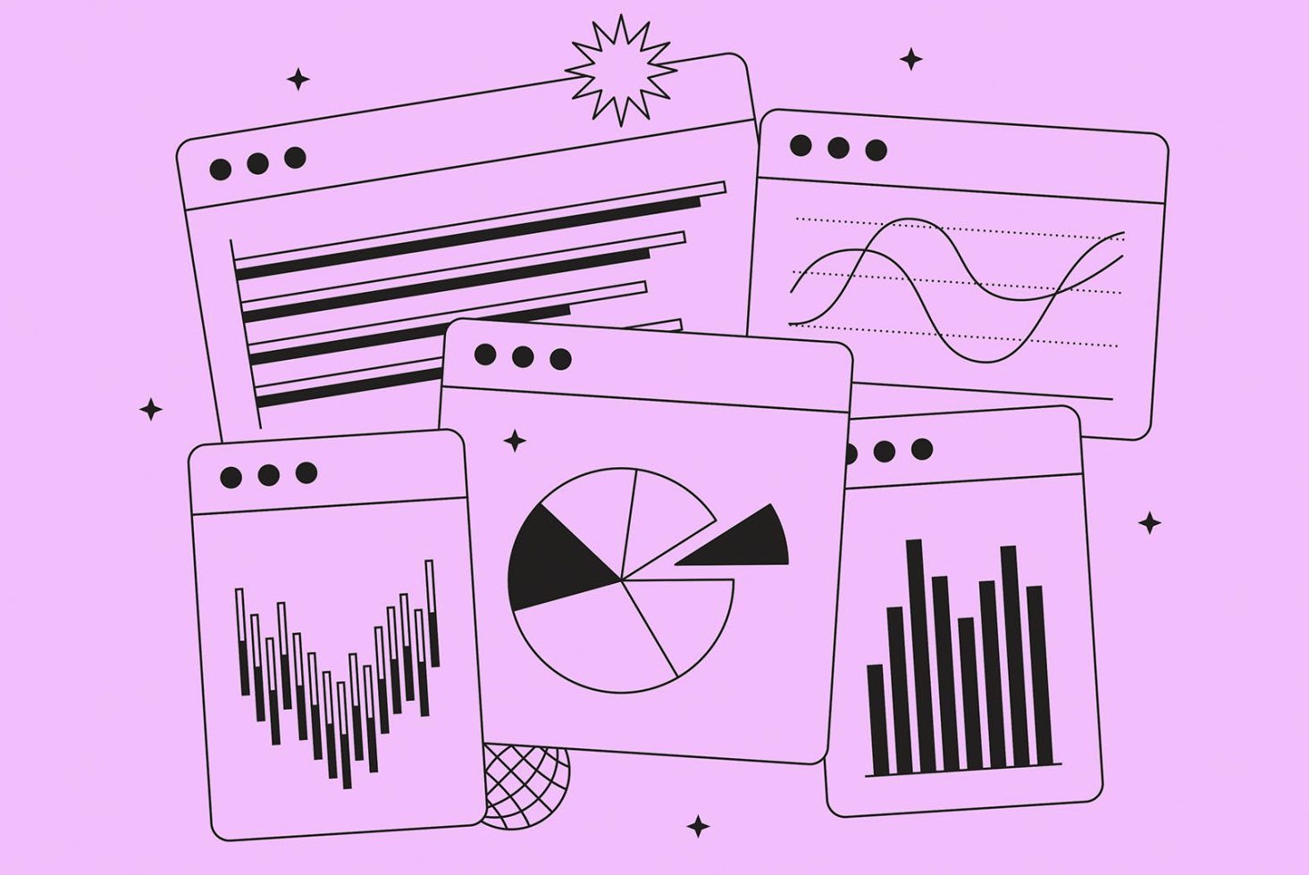 Illustration of stylized web analytics and data visualization graphics with pie charts, line graphs, and bar charts on a purple background for templates.