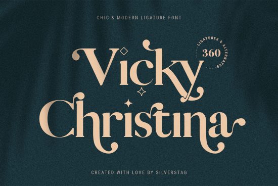 Elegant serif font 'Vicky Christina' with modern ligatures preview on a textured dark background by Silverstag, ideal for stylish designs, fonts category.