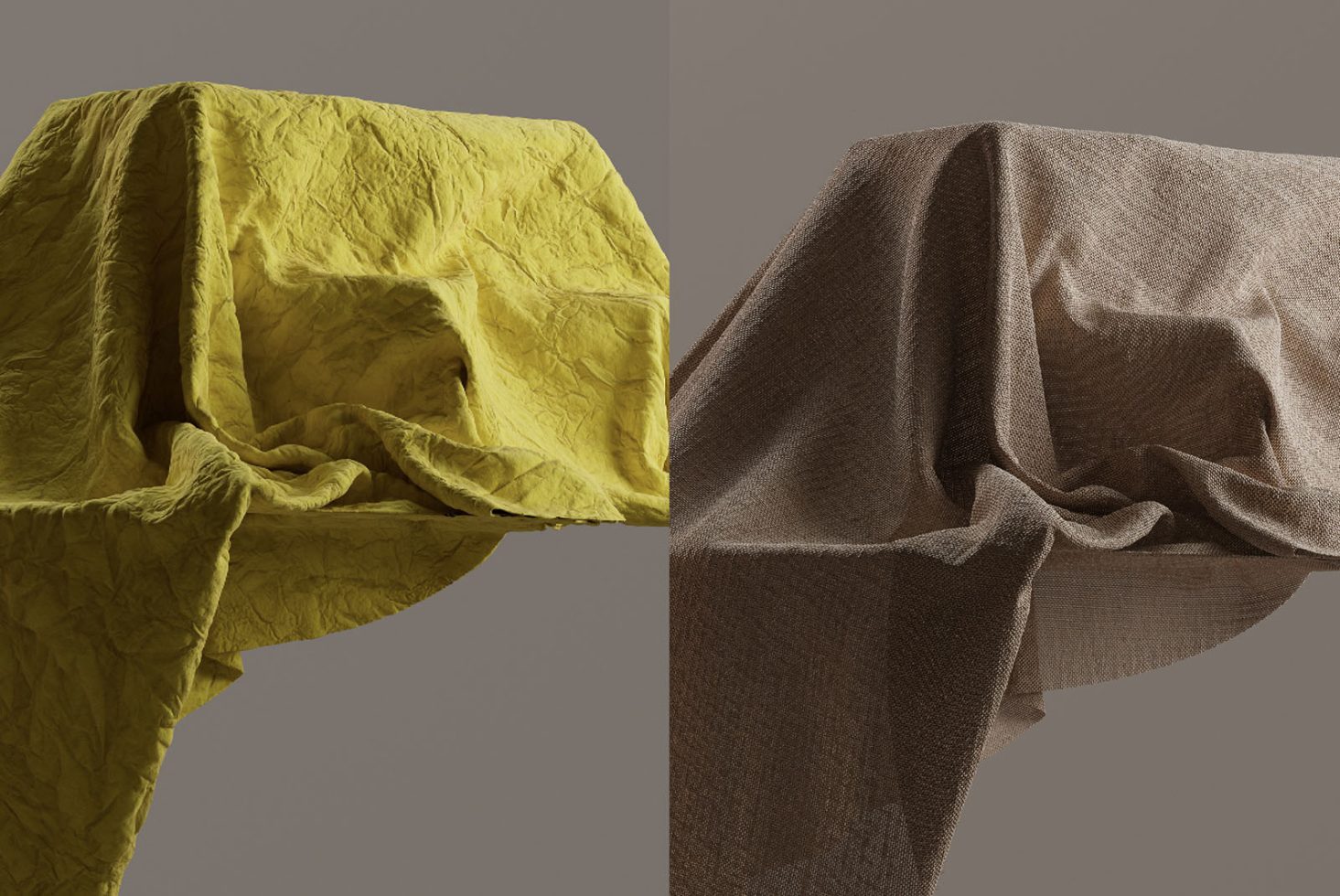 Textured fabric mockups in yellow and brown, realistic digital render, suitable for presenting patterns and designs to clients.