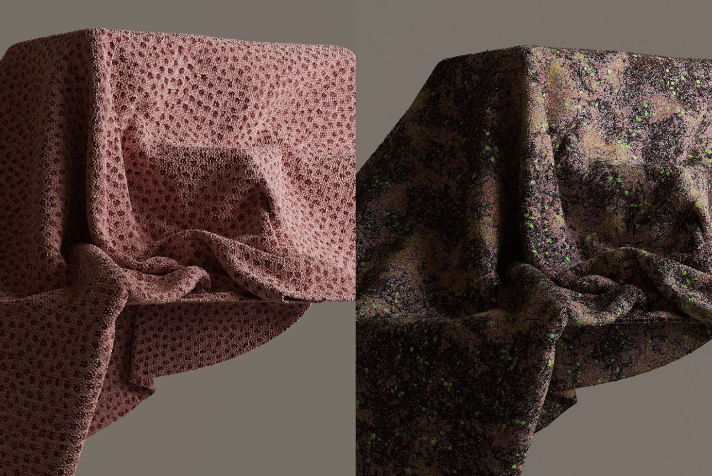 Textured fabric mockup showing two draped cloths, one light pink and one with a dark floral pattern, ideal for realistic design presentations.