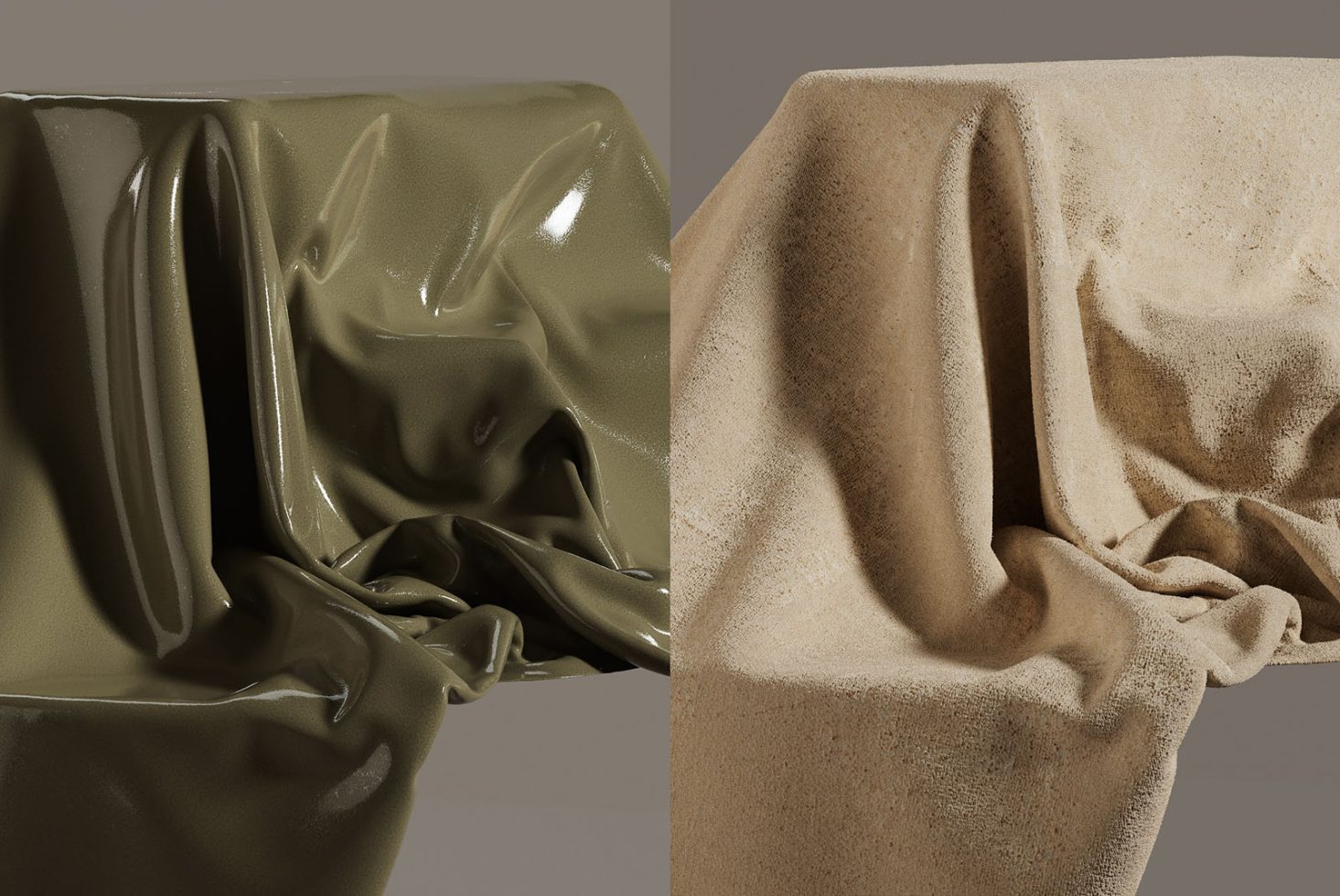 Dual textured fabric mockups in olive green glossy and beige matte finishes, draped over shapes, showing dynamic folds and realistic shadows.