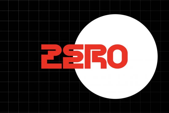 Bold red font spelling ZERO partially overlapping a white circle on a black grid background, ideal for graphics category in design.