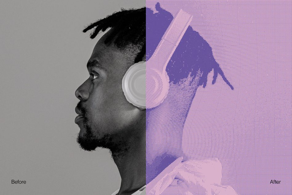 Side profile of a man with headphones before and after graphic design transformation, showcasing photo editing and halftone effects.